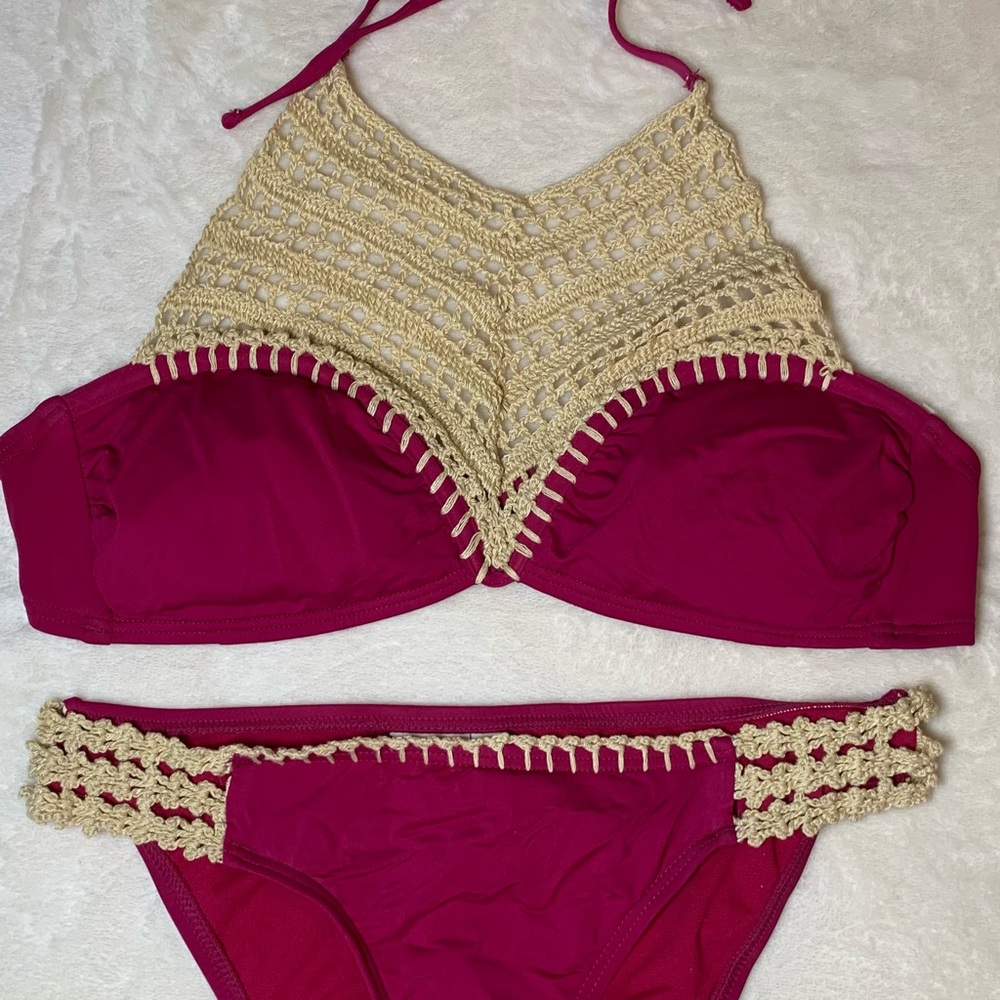 The bikini lab magenta high neck bikini top & bottoms with crochet detailing